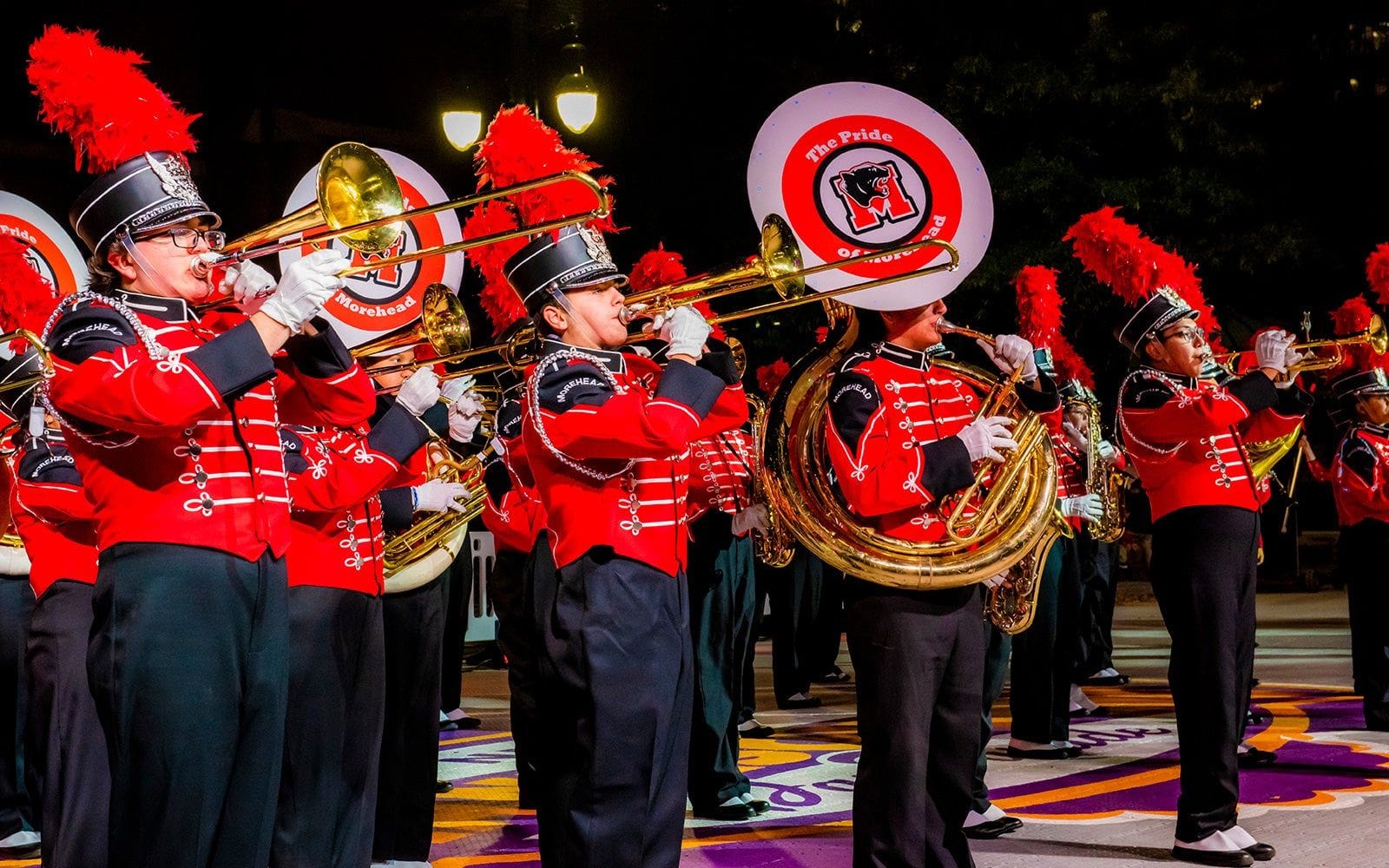 Marching band performers in action