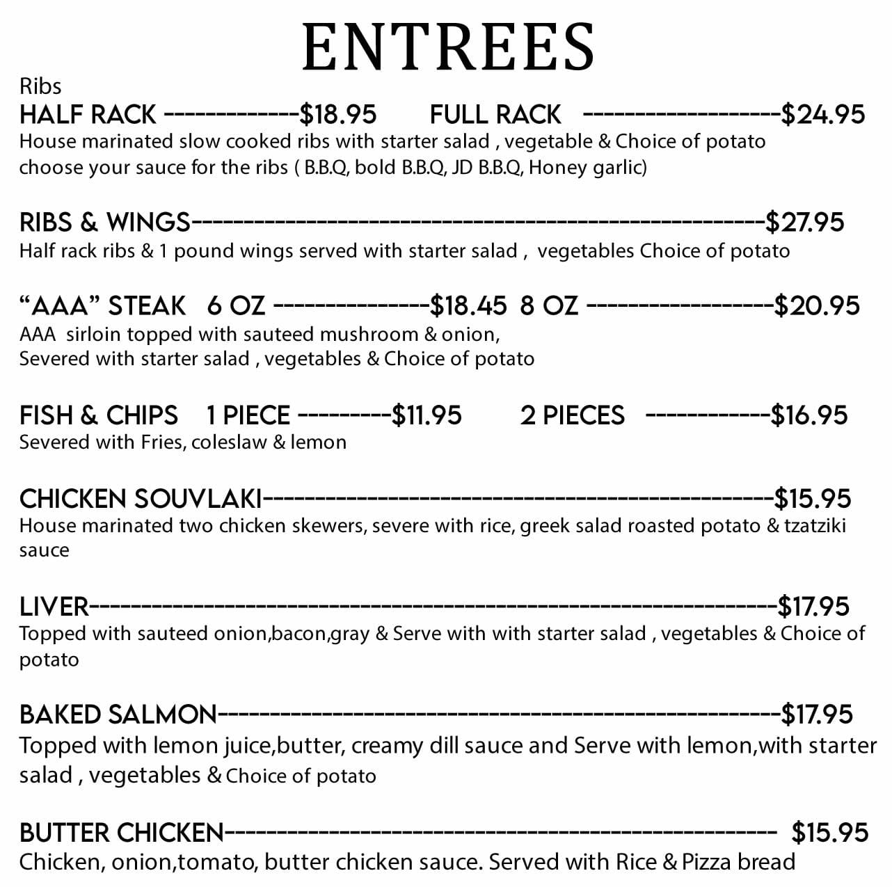 Entrees and Sandwiches at JT's Sports Bar